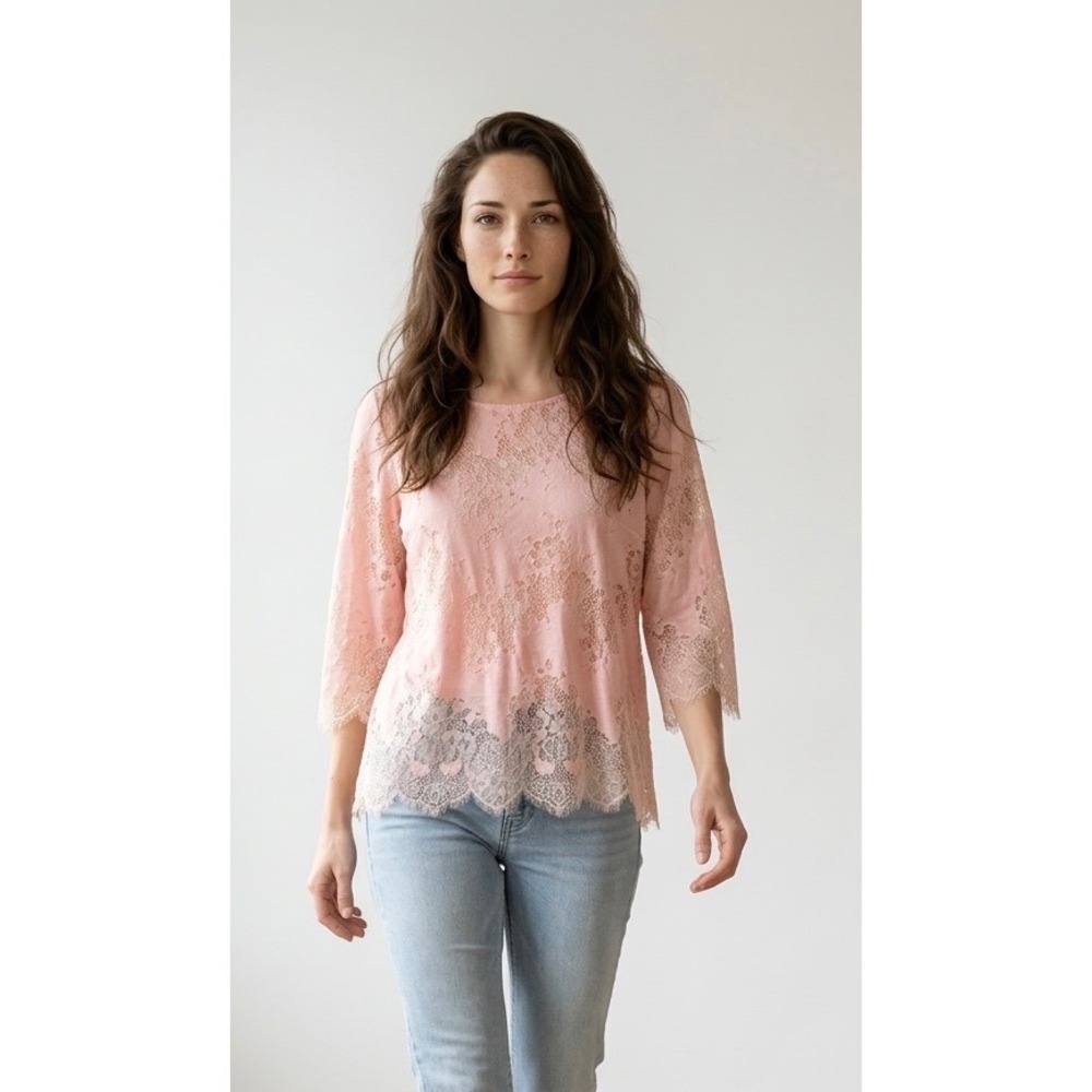 Linea by Louis Dell'Olio Pink Floral Lace Blouse 3/4 Sleeve Scalloped Trim Sz 12